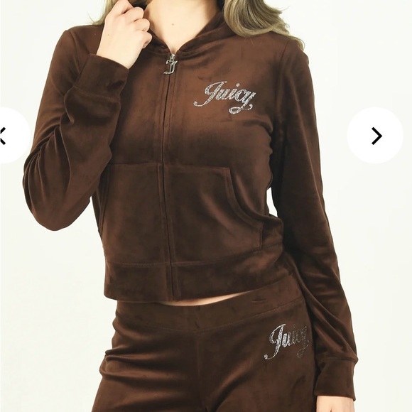 Juicy Couture Velour Tracksuit Set Brown Sugar Rhinestone Logo Hoodie Pants XL